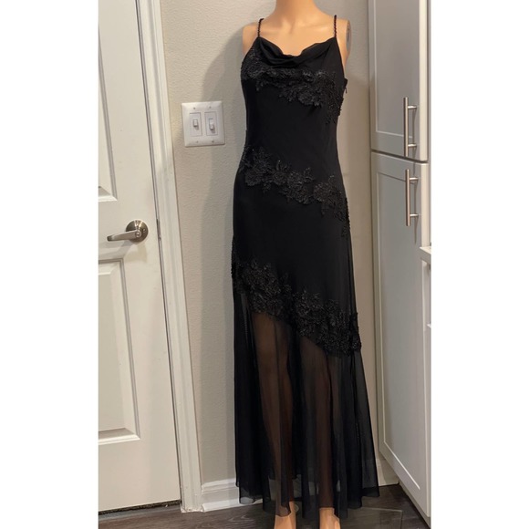 90s Sue Wong Black Beaded asymmetrical lined Maxi Dress Sz 8 - Picture 1 of 9
